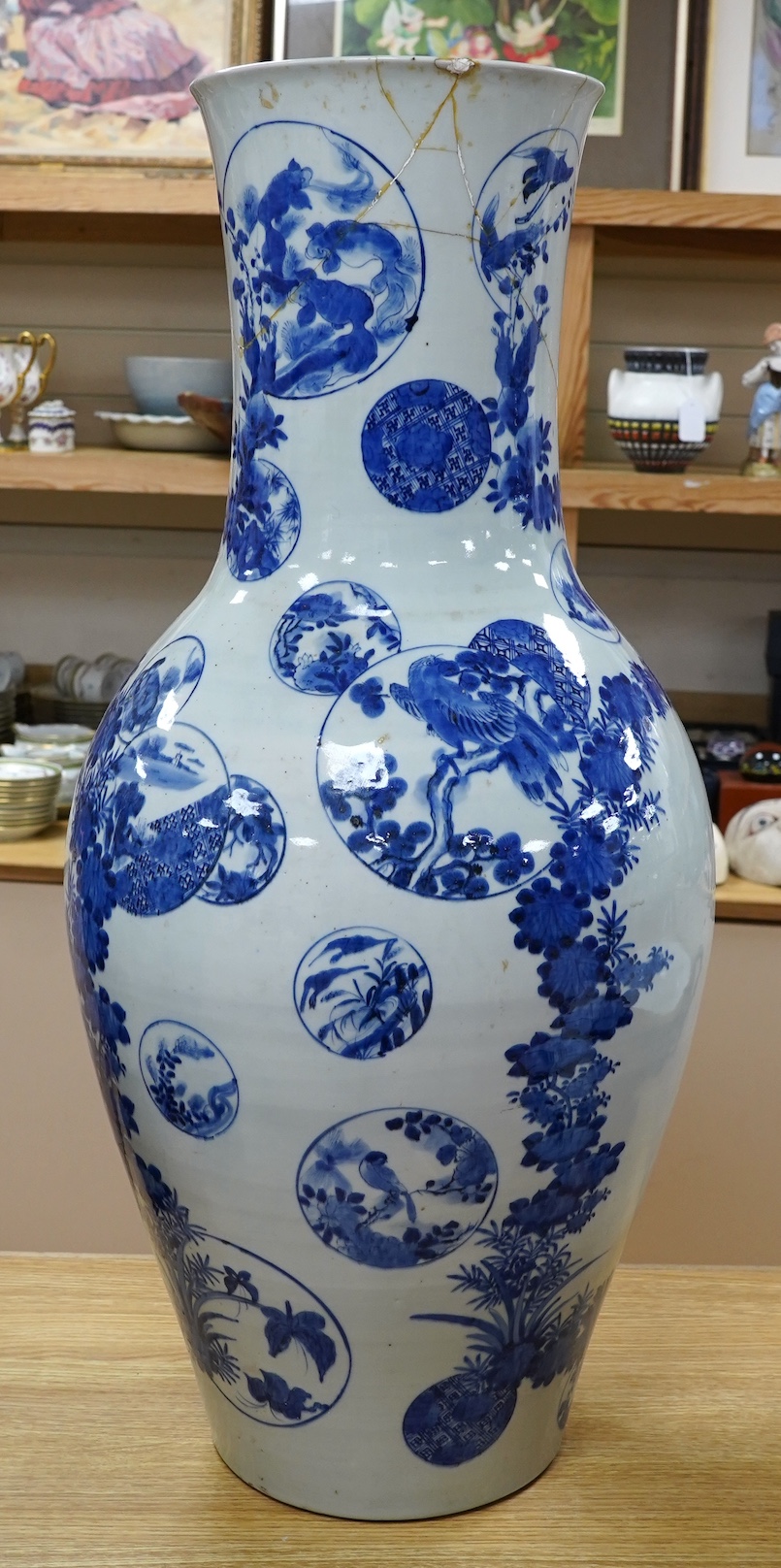 A massive late 19th century Japanese Arita blue and white vase, 79cm (damaged)